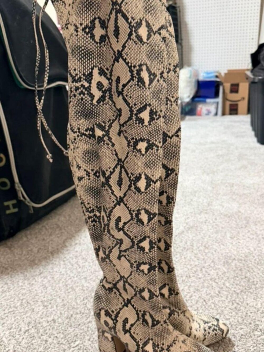 Unisa white and gray snake print knee-high boots
